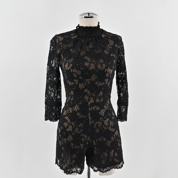 Alexis Pants - ALEXIS Womens Jing‎ Black Lace Pattern Romper Size XS Mock Neck 3/4 Sleeve Chic